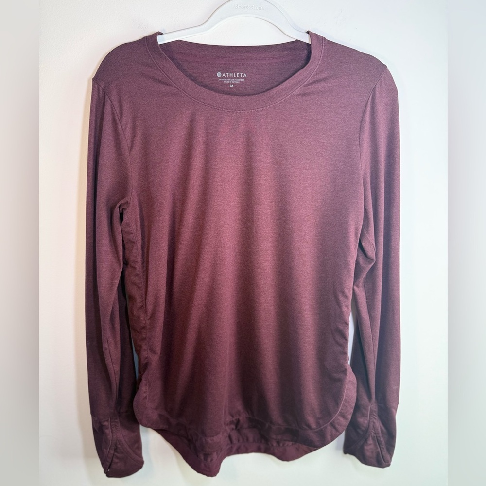 Athleta Womens Burgundy Long Sleeve Ruched Sides Shirt size Medium